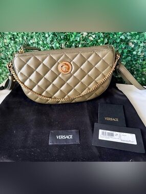 Versace Olive Quilted Crossbody Moon Bag New with COA